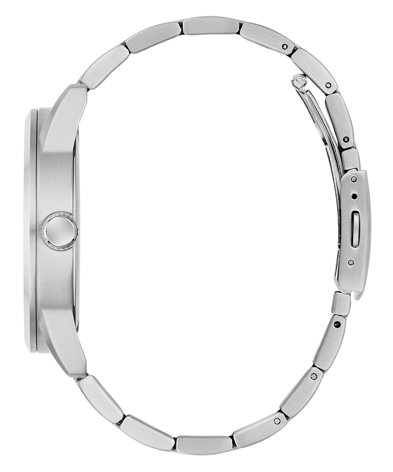 Close-up of a silver watch band on a white background