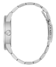 Close-up of a silver watch band on a white background