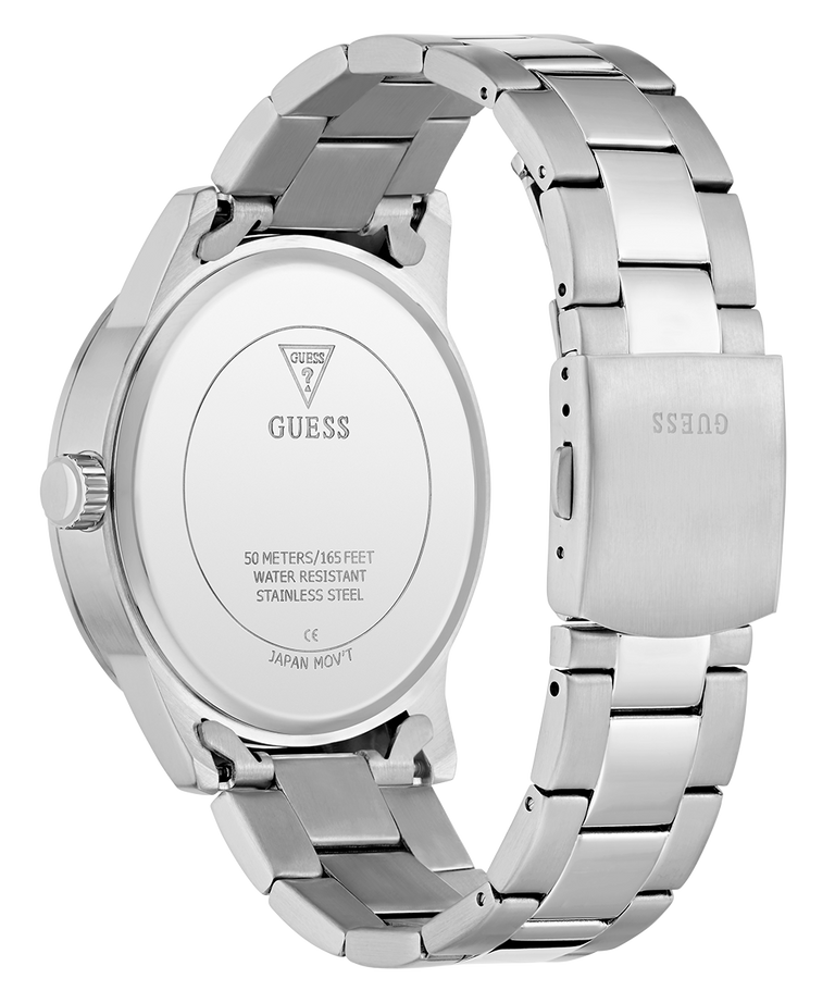 GUESS Mens Silver Tone Multi-function Watch with a detailed back view on a white background
