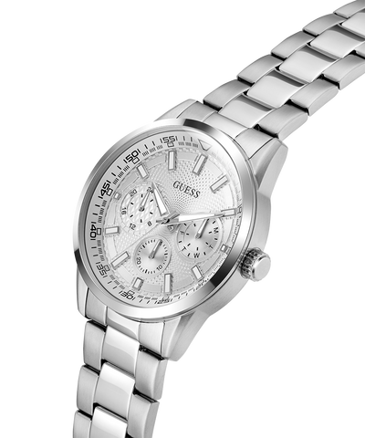GUESS Mens Silver Tone Multi-function Watch with a detailed face on a white background lifestyle