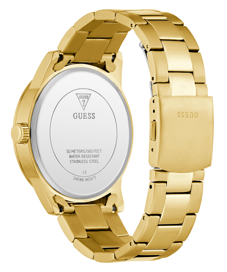 Gold watch with visible brand logo on a white background caseback