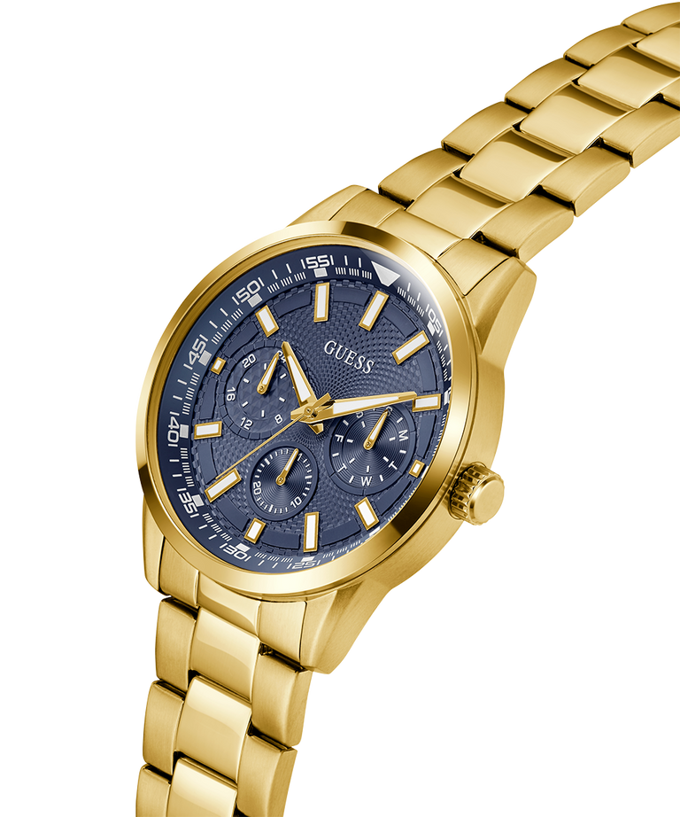 Gold watch with a blue face on a white background lifestyle