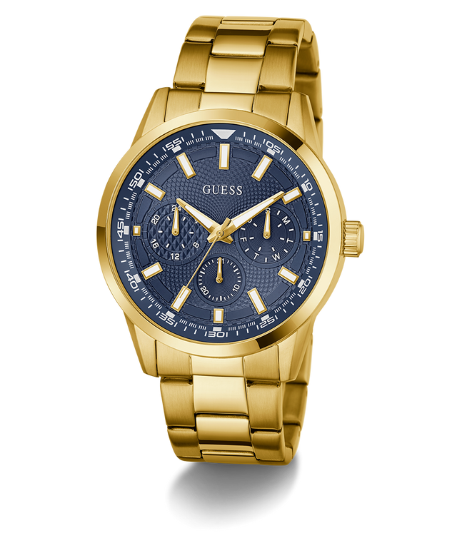 Gold watch with a blue face on a white background GUESS Mens Gold Tone Multi-function Watch