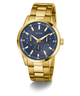 Gold watch with a blue face on a white background GUESS Mens Gold Tone Multi-function Watch
