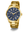 Gold watch with a blue face on a white background GUESS Mens Gold Tone Multi-function Watch