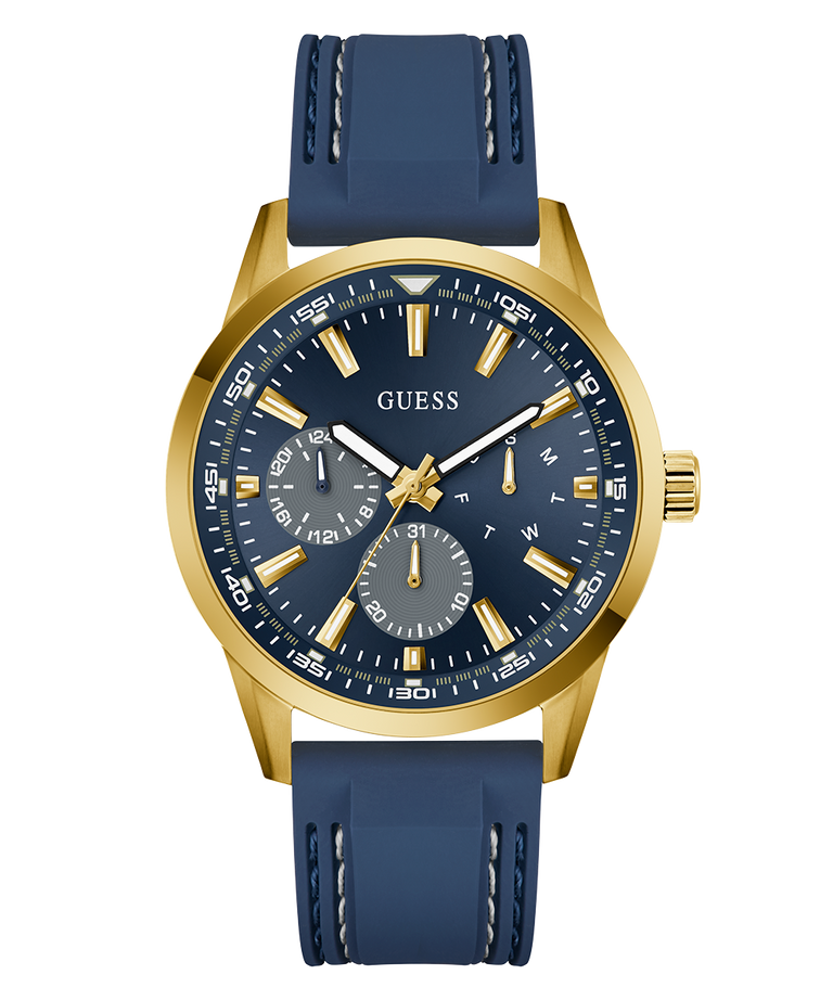 Guess watch with blue strap and gold casing on a white background