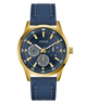 Guess watch with blue strap and gold casing on a white background