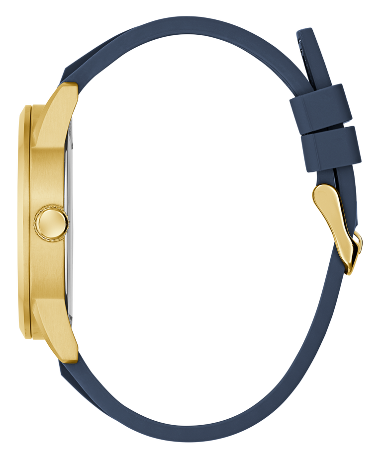 Watch with gold case and navy blue strap on a white background