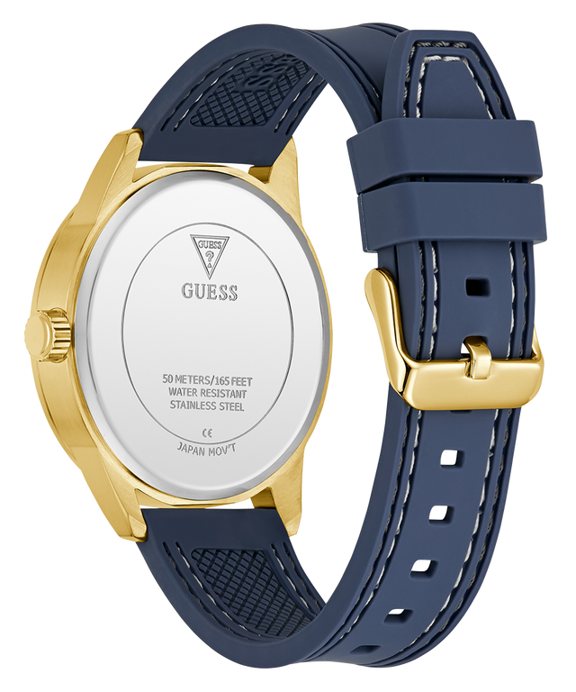 Guess watch with blue strap and gold caseback on a white background