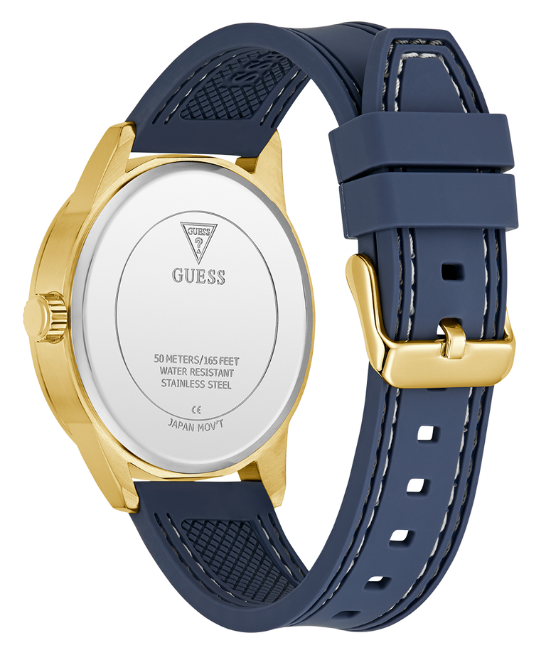Guess watch with blue strap and gold caseback on a white background
