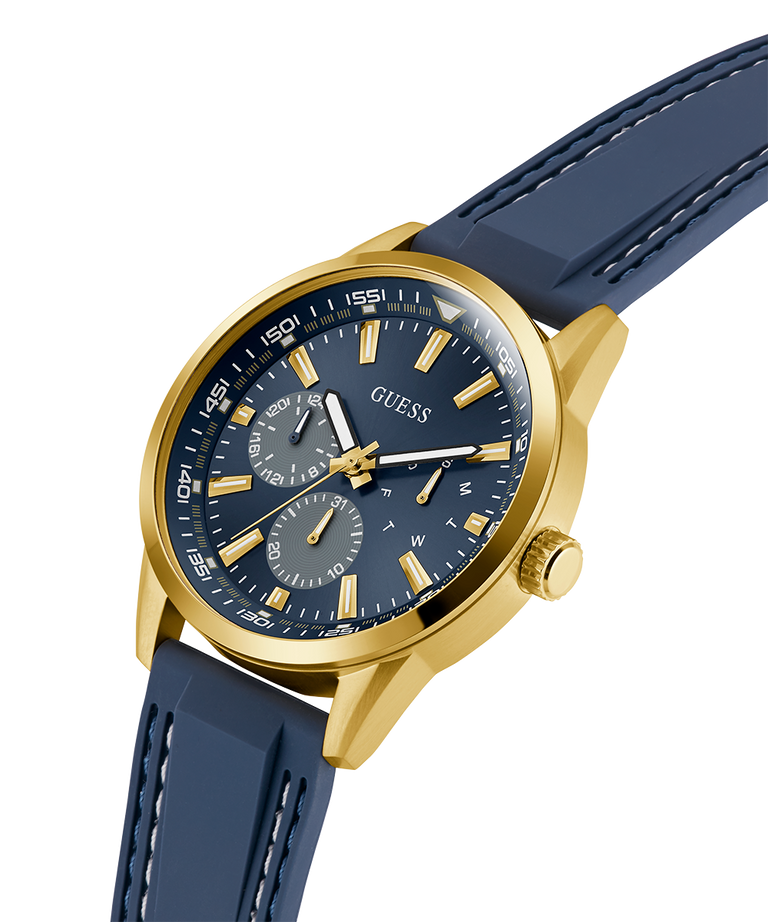 Watch with blue strap and gold case on a white background lifestyle
