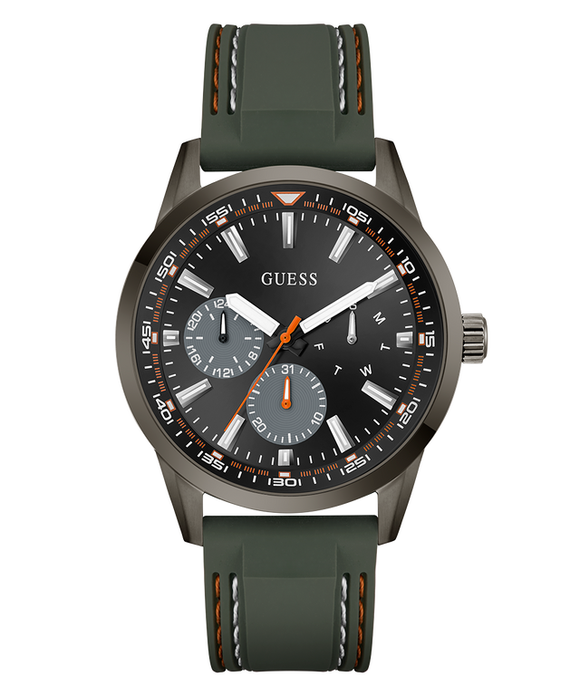 Guess watch with green strap and black dial on a white background GW0964G3