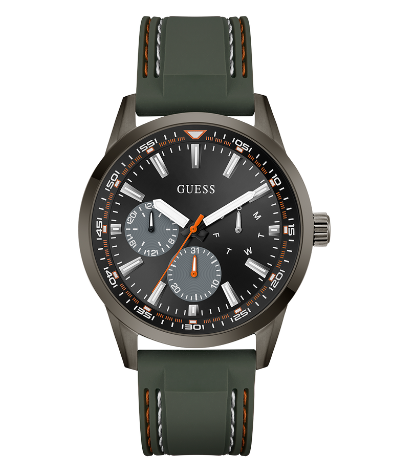 Guess watch with green strap and black dial on a white background GW0964G3