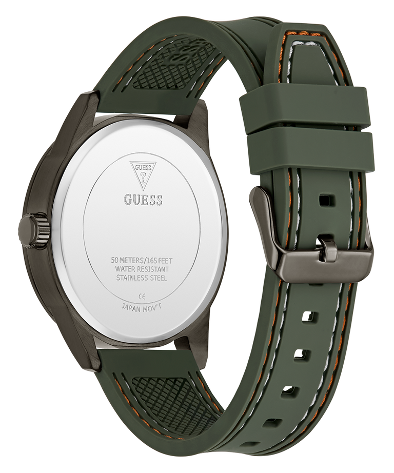 Green watch with a visible brand logo caseback on a white background