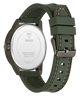 Green watch with a visible brand logo caseback on a white background