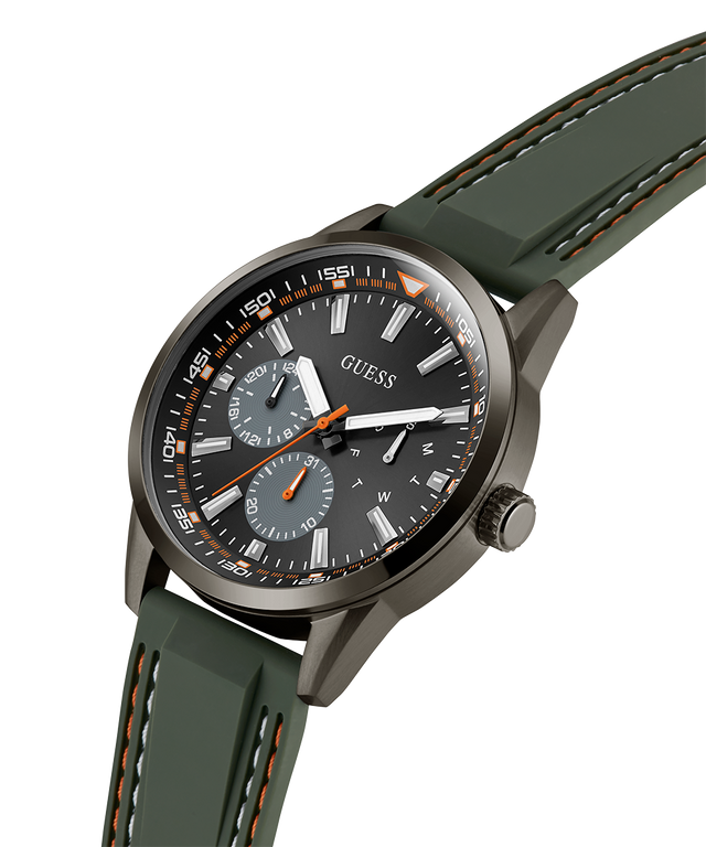 Green watch with a detailed face on a white background lifestyle