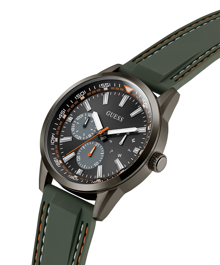 Green watch with a detailed face on a white background lifestyle