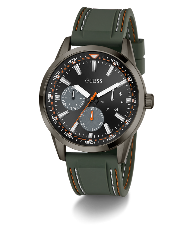 Green Guess watch with detailed face on a white background GW0964G3