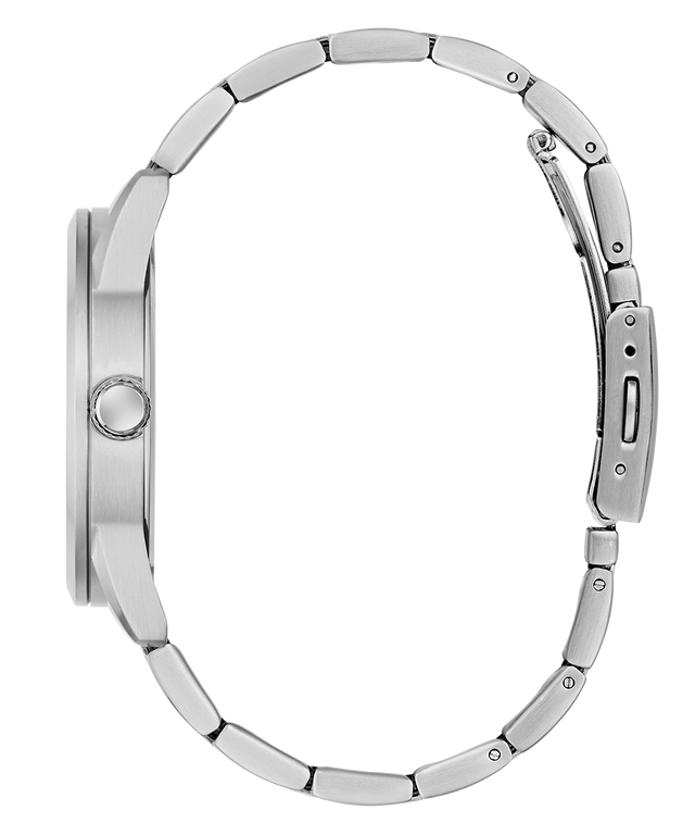 Close-up of a GUESS Mens Silver Tone Analog Watch band on a white background