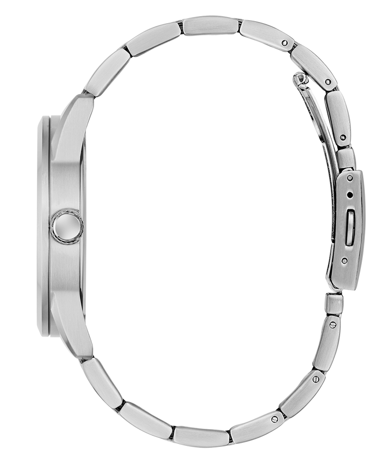 Close-up of a GUESS Mens Silver Tone Analog Watch band on a white background