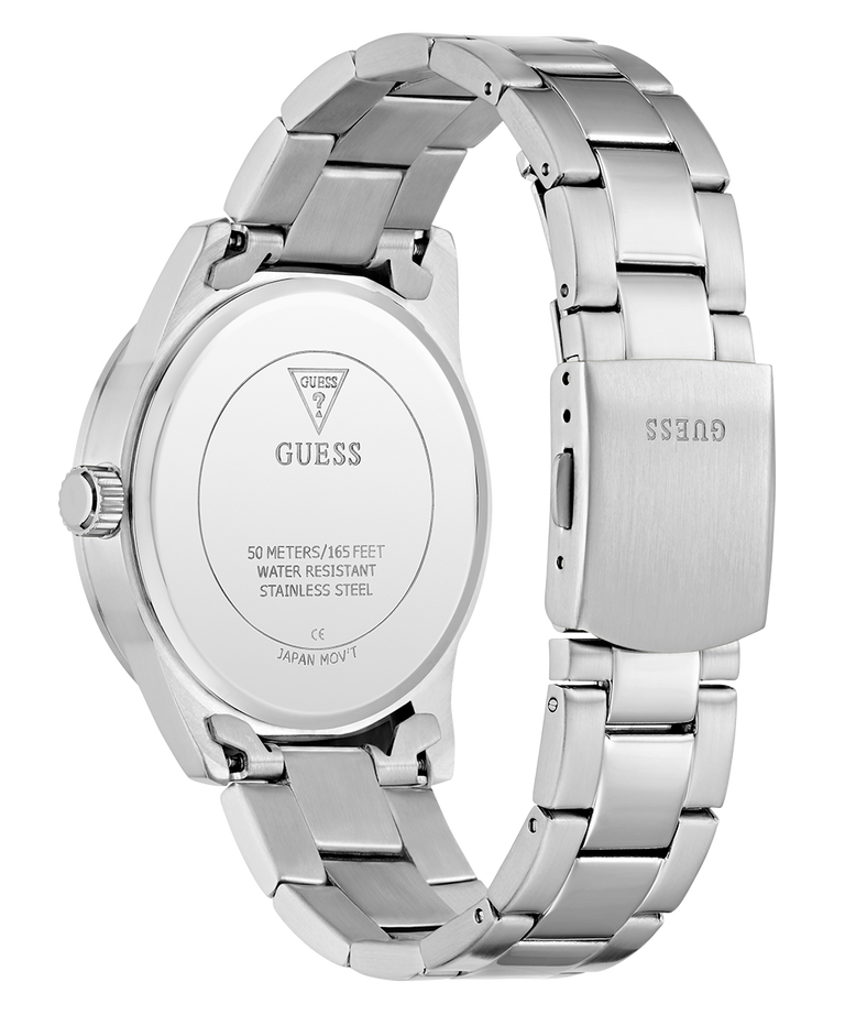 GUESS Mens Silver Tone Analog Watch with a detailed back view on a white background