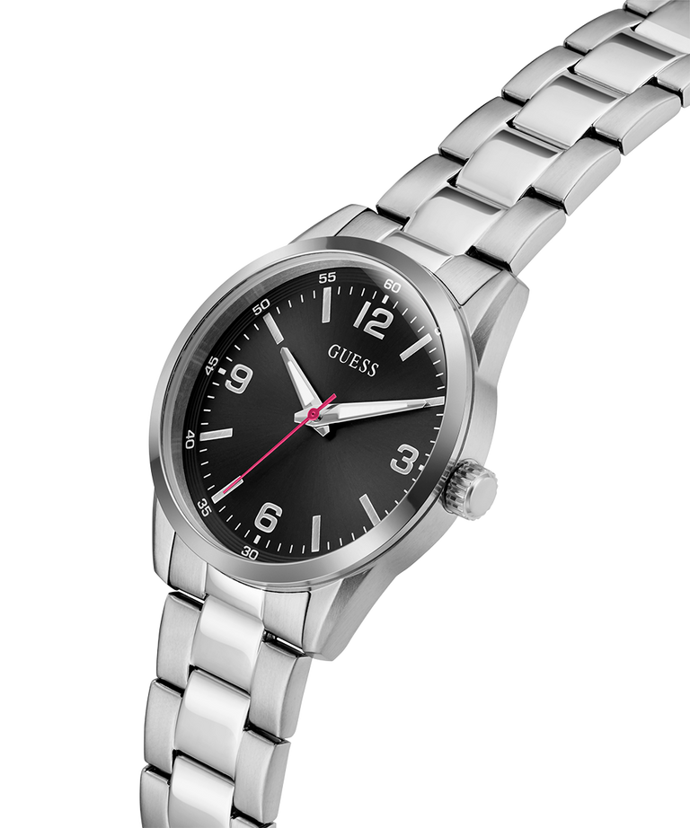 Silver watch with black dial on a white background lifestyle
