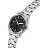 Silver watch with black dial on a white background lifestyle