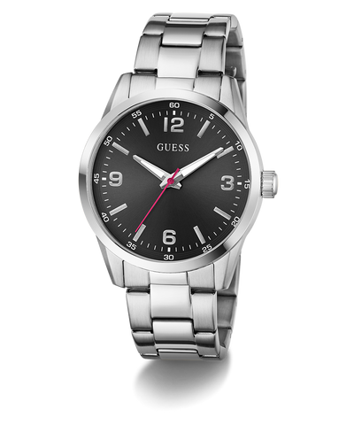 GUESS Mens Silver Tone Analog Watch with black dial on a white background