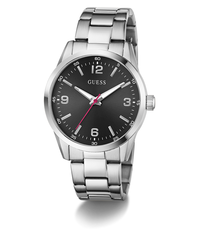GUESS Mens Silver Tone Analog Watch with black dial on a white background