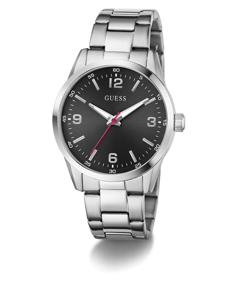 GUESS Mens Silver Tone Analog Watch with black dial on a white background