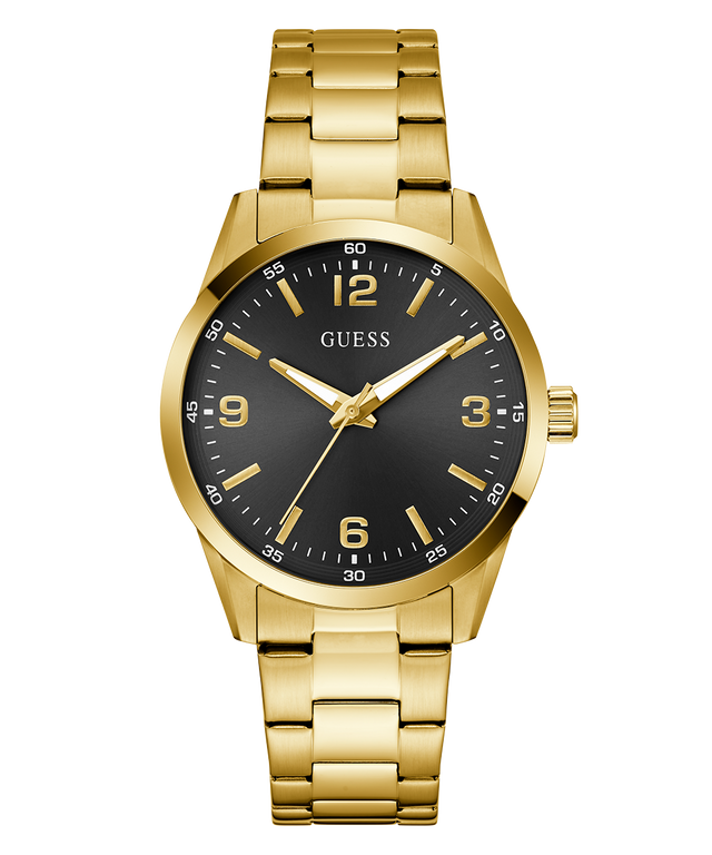 Gold watch with black dial on a white background GW0965G2