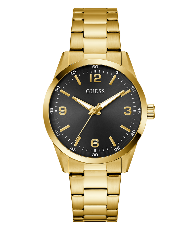 Gold watch with black dial on a white background GW0965G2
