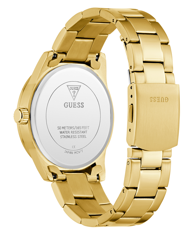 Gold watch with a visible brand logo caseback on a white background