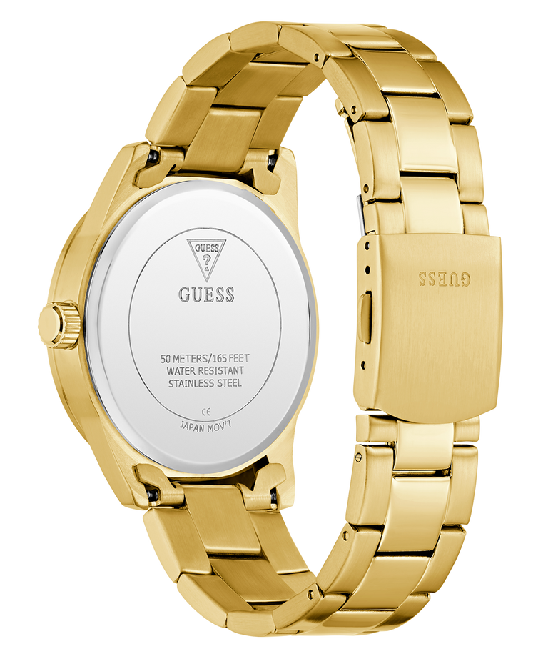 Gold watch with a visible brand logo caseback on a white background