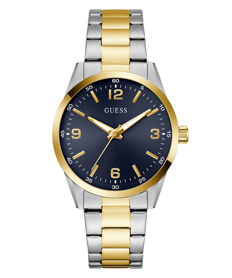 Two-tone gold and silver watch with a blue dial on a white background GW0965G4