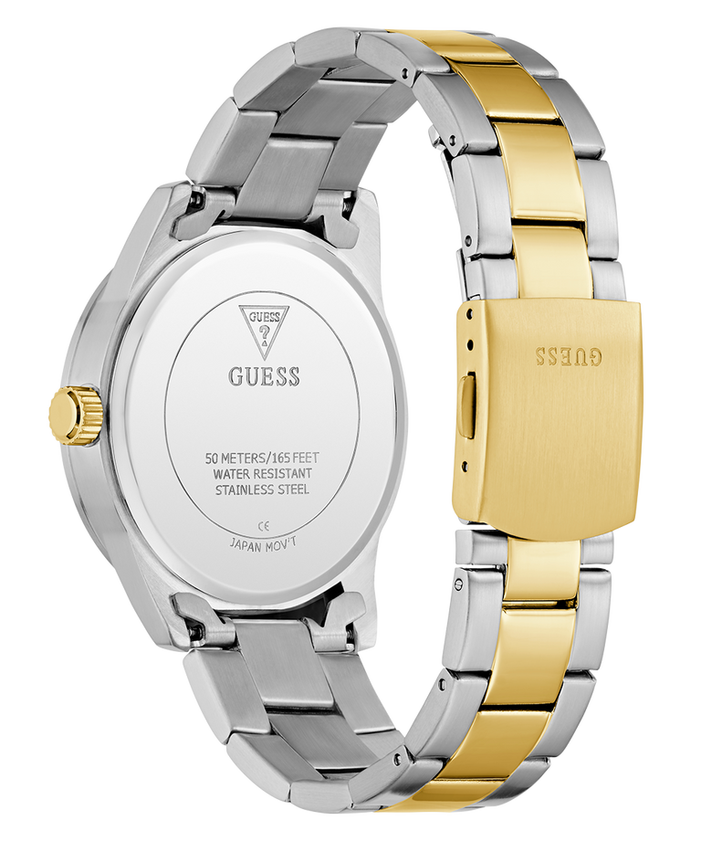 Two-tone silver and gold watch with visible Guess caseback branding on a white background