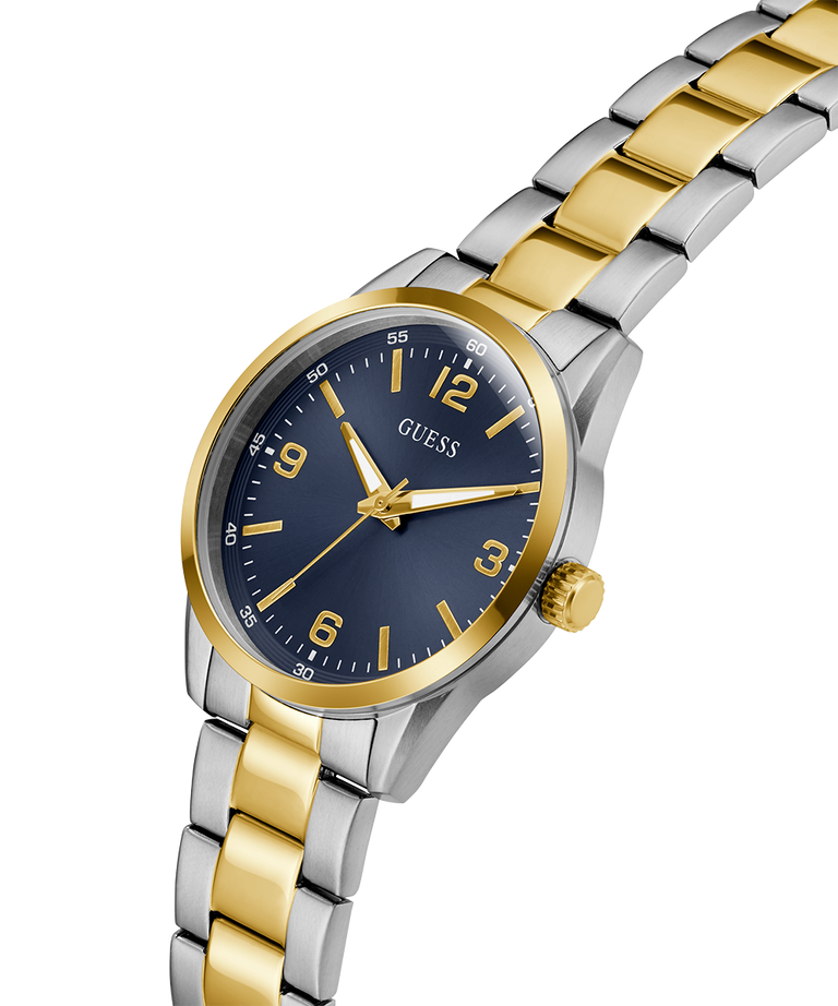 Two-tone silver and gold watch with blue dial on a white background lifestyle