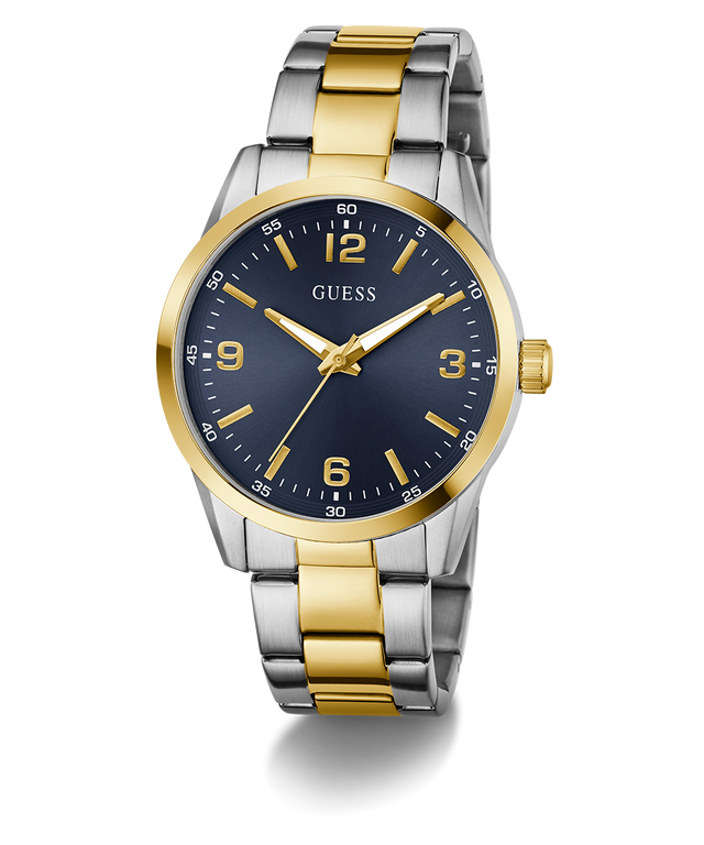 Two-tone silver and gold watch with a blue dial on a white background GW0965G4