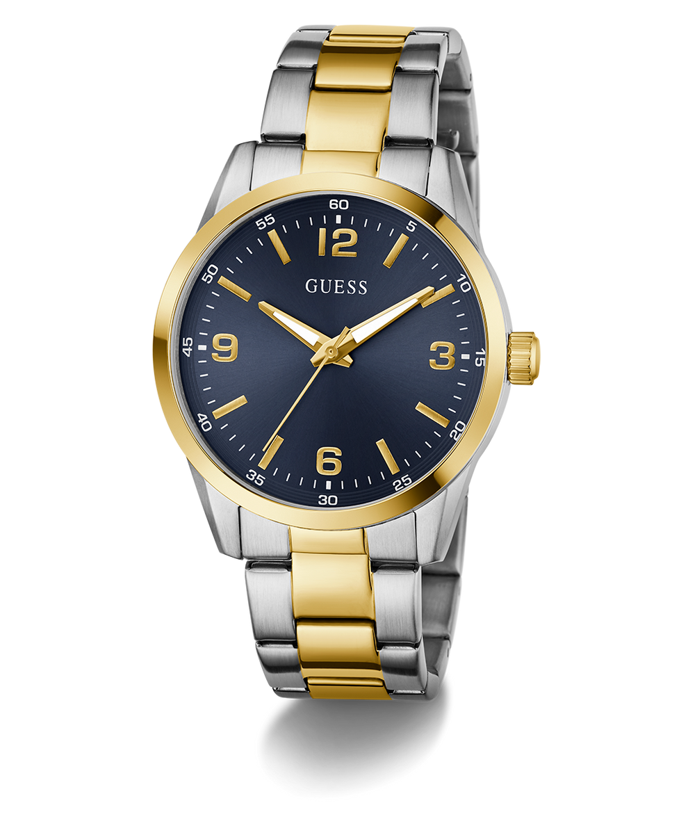 Two-tone silver and gold watch with a blue dial on a white background GW0965G4