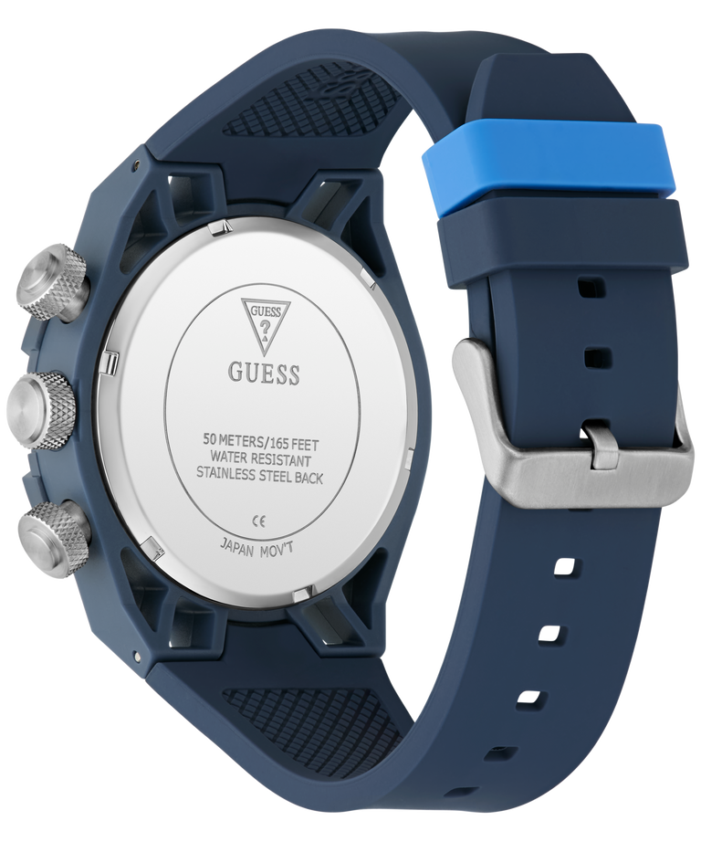GW0966G1 GUESS Mens Blue Multi-function Watch with a silver case on a white background