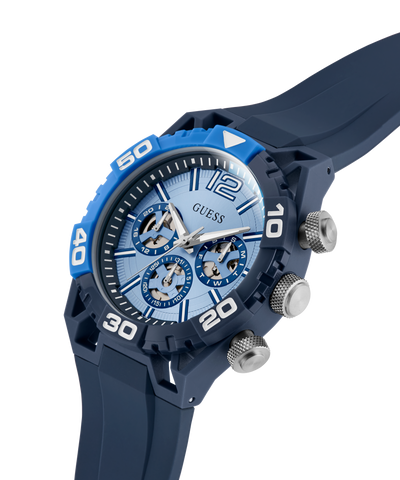 GW0966G1 GUESS Mens Blue Multi-function Watch with detailed face on a white background lifestyle