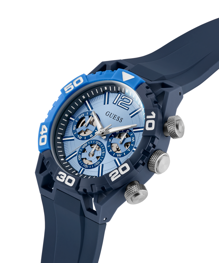 GW0966G1 GUESS Mens Blue Multi-function Watch with detailed face on a white background lifestyle