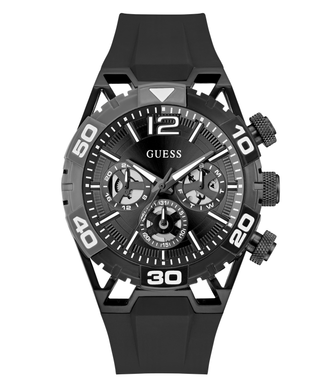 GUESS Mens Black Multi-function Watch with detailed face on a white background