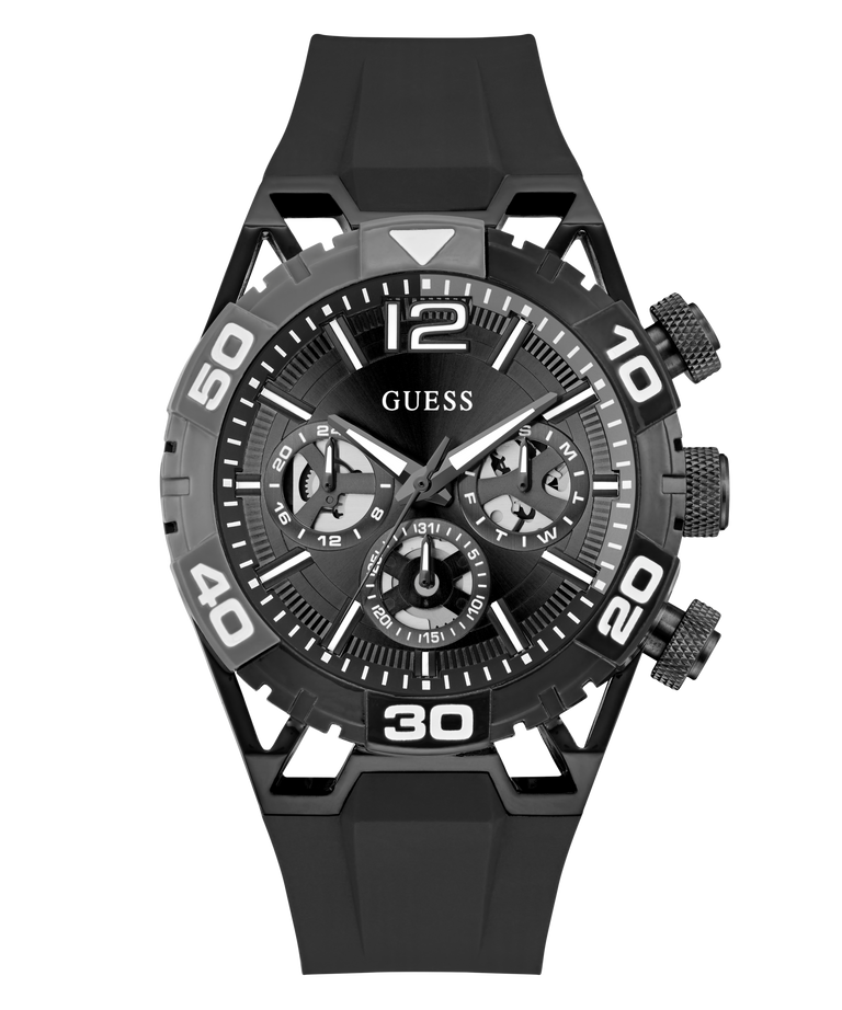 GUESS Mens Black Multi-function Watch with detailed face on a white background