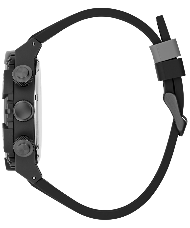 Black watch with a detailed case and strap on a white background