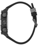 Black watch with a detailed case and strap on a white background