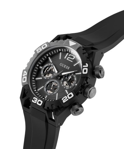 GUESS Mens Black Multi-function Watch with detailed face on a white background lifestyle
