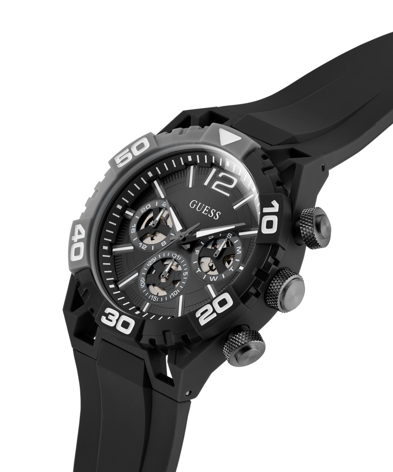 GUESS Mens Black Multi-function Watch with detailed face on a white background lifestyle