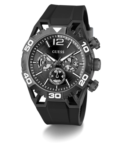 GUESS Mens Black Multi-function Watch with detailed face on a white background