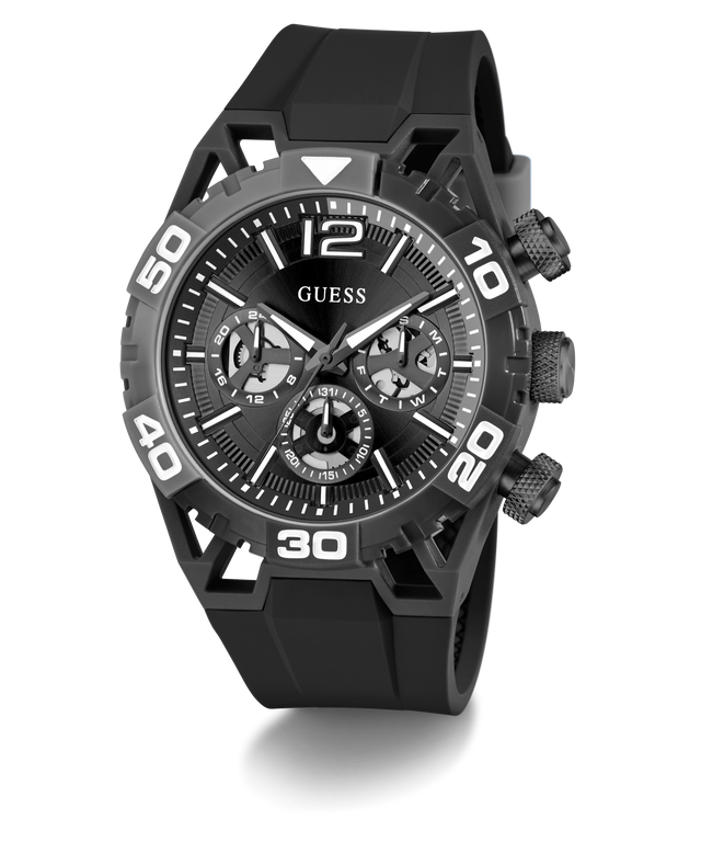 GUESS Mens Black Multi-function Watch with detailed face on a white background